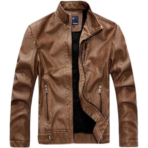 Men's Vintage Stand Collar Pu Leather Jacket Rzqm888-brown